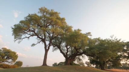 Obraz premium Two majestic trees stand tall on a gently sloping grassy hill under a tranquil morning sky.
