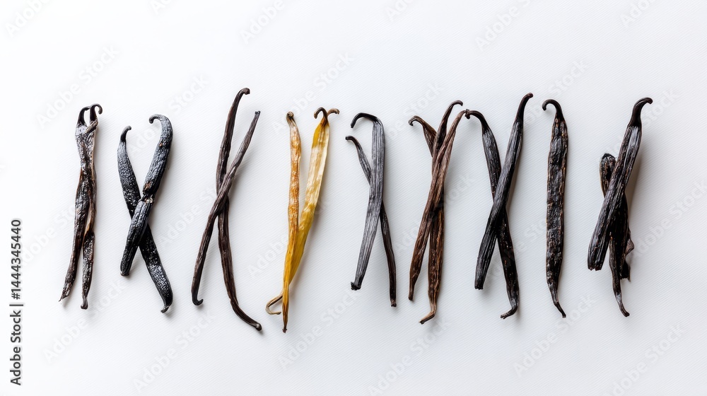Poster neatly aligned vanilla pods rest on a white surface, highlighting their unique shapes and textures, 