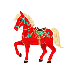 Obraz premium Majestic red horse with intricate turquoise and gold decorations—prancing stance with ornate saddle and bridle, detailed craftsmanship and elegance