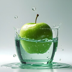 A fresh green apple splashes into a clear glass of water, captured mid-motion with droplets frozen in the air.