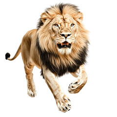 Obraz premium Majestic powerful lion walking forward with intense gaze showing strength and dominance isolated on white background