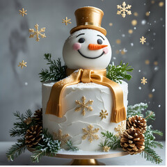 Elegant two-tiered winter cake adorned with gold accents and a charming snowman topper.