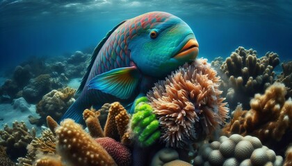 Fototapeta premium Parrotfish Scraping Algae Off Coral