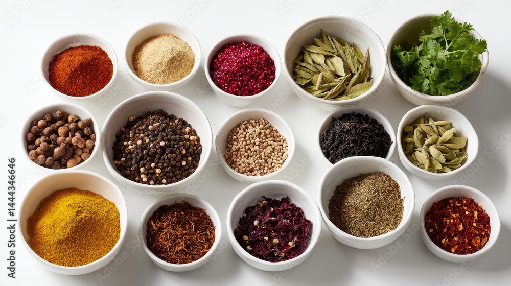 Aufkleber various ground spices and dried herbs are artistically displayed in small bowls on a white backgroun
