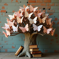 A small tree grows from stacked vintage books, its branches covered in pastel origami butterflies, creating a peaceful and whimsical scene.