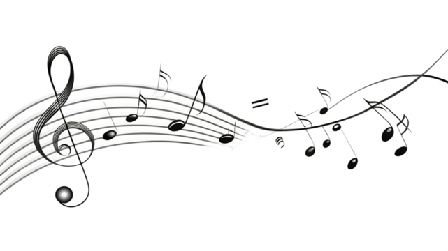 Music notes on wavy lines with swirl, vector illustration isolated on white background. PNG