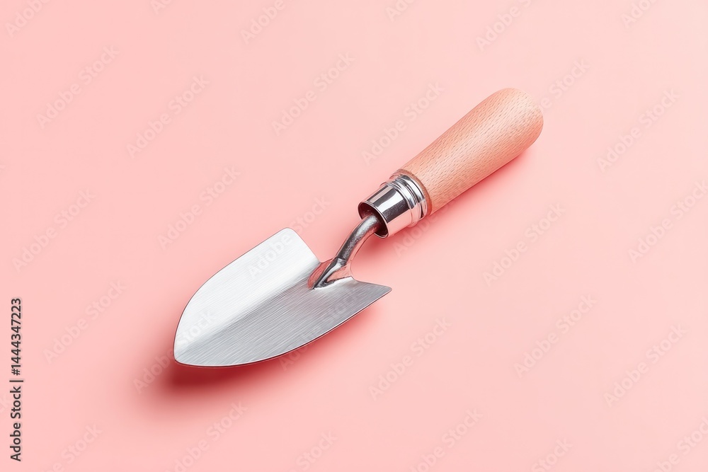 Poster single garden trowel displayed on smooth pastel background to emphasize its simplicity and function