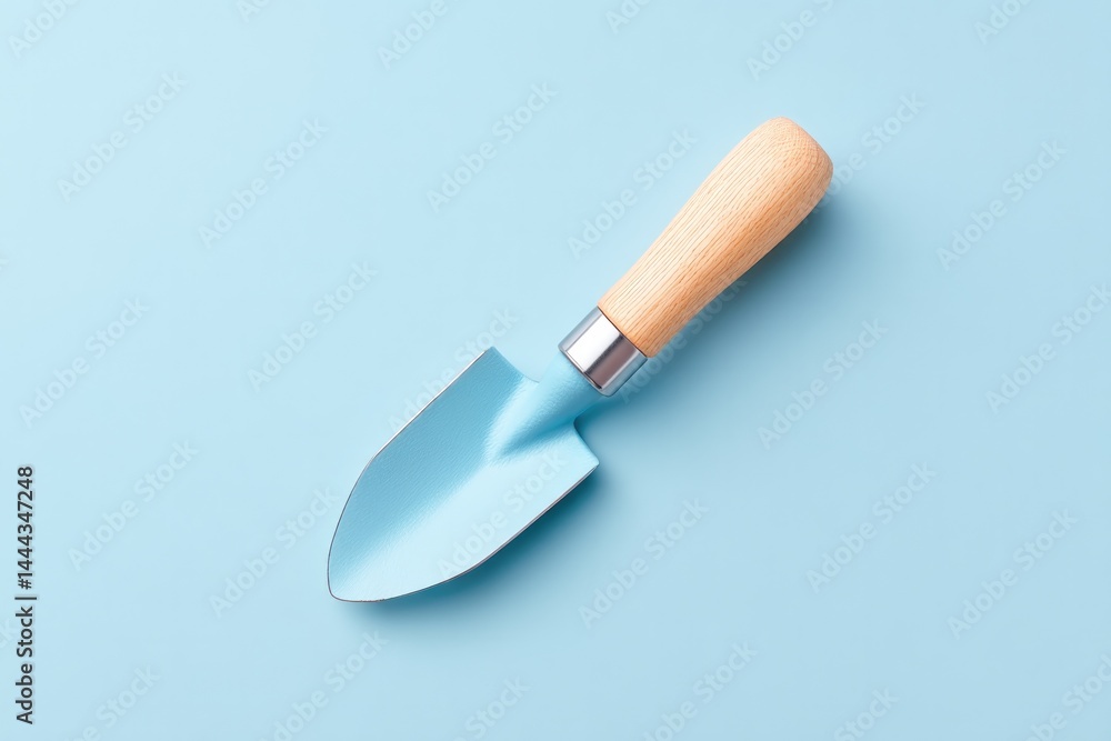 Poster single garden trowel displayed on smooth pastel background to emphasize its simplicity and function