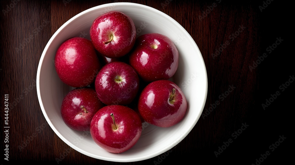 Poster shiny red apples are arranged in a smooth white bowl on a dark textured tabletop, providing a fresh 