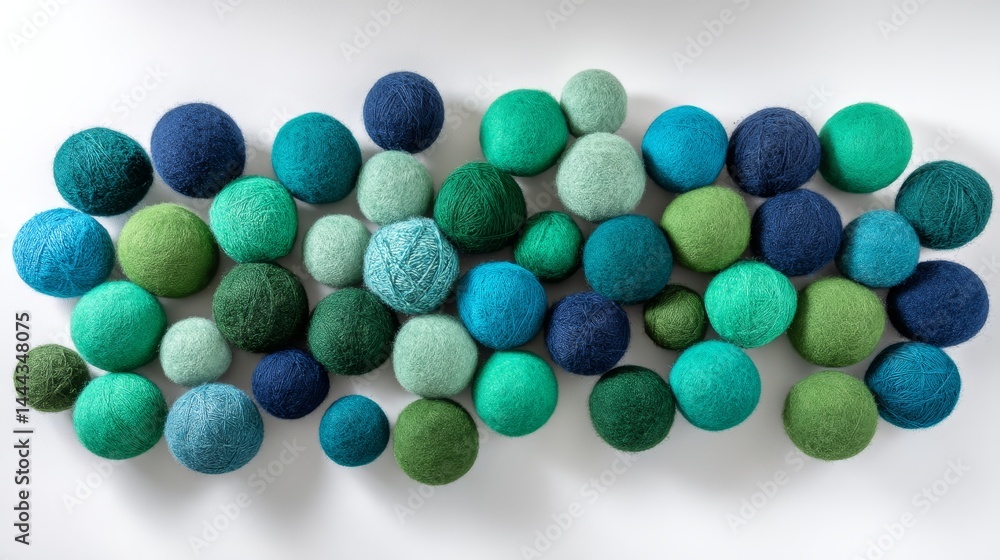 Poster various shades of blue and green yarn balls are loosely arranged in an artistic display on a smooth 