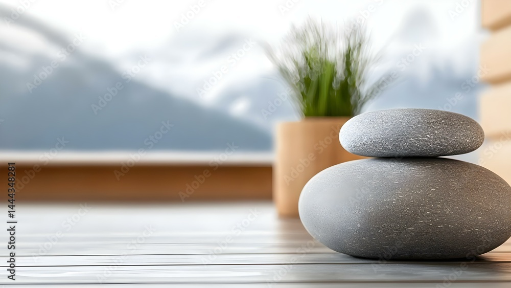 Aufkleber a stack of smooth gray stones with a background of greenery and mountains, creating a serene and cal