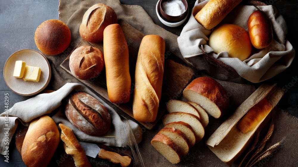 Poster an array of freshly baked bread loaves showcases golden crusts on textured burlap. the warm lighting