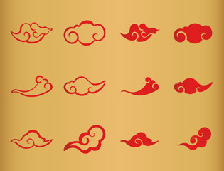 set of 12 red cloud vectors with gold background. chinese cloud, chinese cloud vector