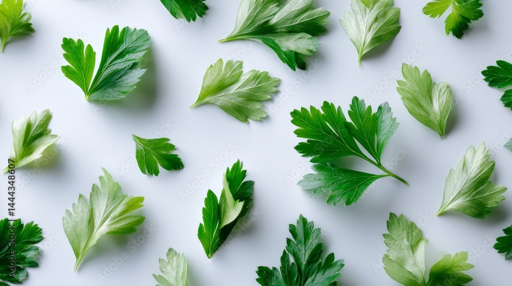 Poster freshly harvested parsley leaves create a vibrant green pattern on a light neutral surface, providin