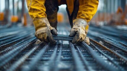 Construction Worker Preparing Steel Reinforcement for Concrete Pour
