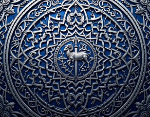 Intricate silver ram emblem with sword set against a deep blue decorative backdrop