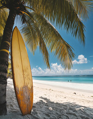 Surfboard and palm tree on the beach, surfing area. Travel adventure and water sport.