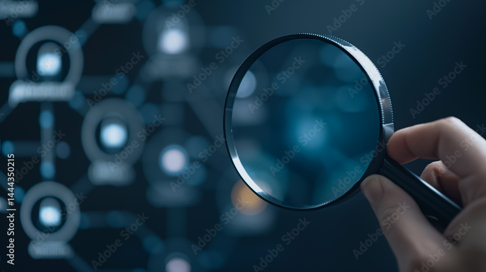 Poster magnifying vision: a hand holds a magnifying glass, focusing on a complex network of interconnected 