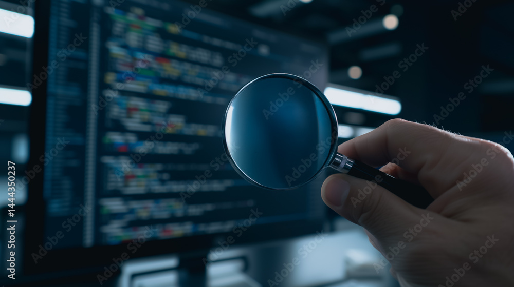 Poster code inspection: a hand holding a magnifying glass examines lines of code on a computer screen, high