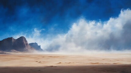 Arid Landscape Art, Sandy Desert Scape, Blue Sky, Sand Dune, Mountain Painting