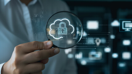 Cloud Security: A close-up shot captures the essence of cloud security, with a focused depiction of a lock icon on a cloud, viewed through a magnifying glass.