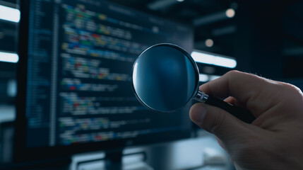 Code Inspection: A hand holding a magnifying glass examines lines of code on a computer screen, highlighting the intricate detail of programming.