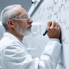 A mature researcher studies complex chemical formulas displayed on a whiteboard in a well-equipped lab - Development Compounds Pipettes Theory Research