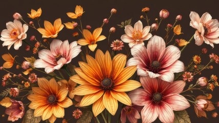A vibrant autumnal floral arrangement showcases a variety of orange, peach, and cream-colored flowers against a deep brown background.
