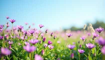Fototapeta premium A carpet of delicate purple and pink wildflowers under a clear blue sky, peaceful scene, meadow flowers, nature scenery
