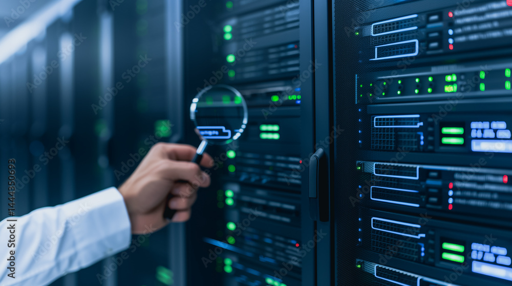 Poster server room audit: an expert hand examines the complex web of technology, scrutinizing every detail 