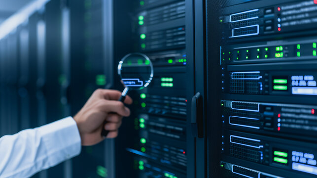 Server Room Audit: An expert hand examines the complex web of technology, scrutinizing every detail with a magnifying glass, revealing the intricate network of a server room.