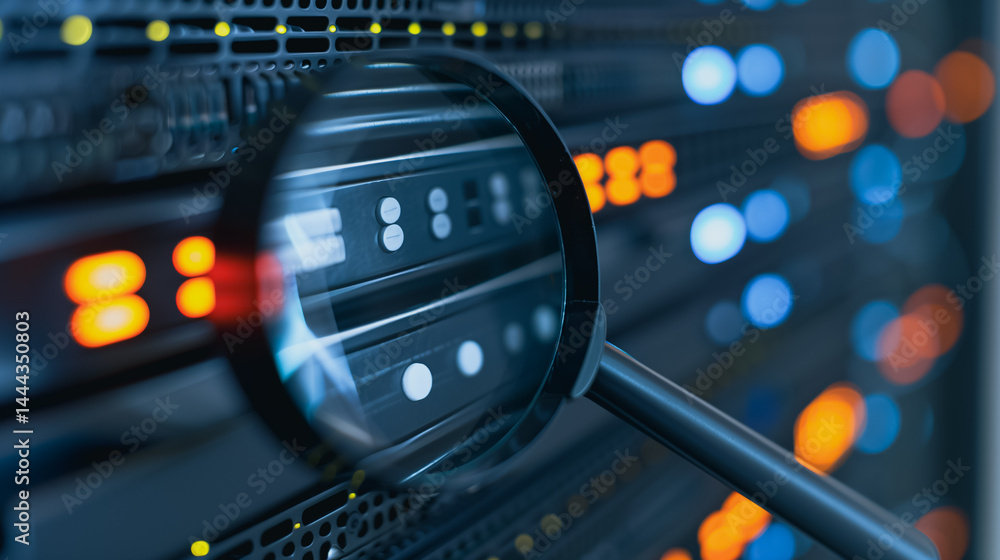 Poster data analysis in server room: a close-up perspective of a magnifying glass examining a rack of serve