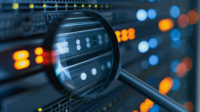 Data Analysis in Server Room: A close-up perspective of a magnifying glass examining a rack of servers in a dimly lit server room, highlighting the intricate details and the essence of data analysis. - Powered by Adobe