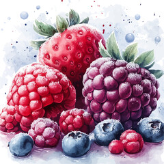Frozen Berries With Frost, watercolor vector, isolated on a white background.