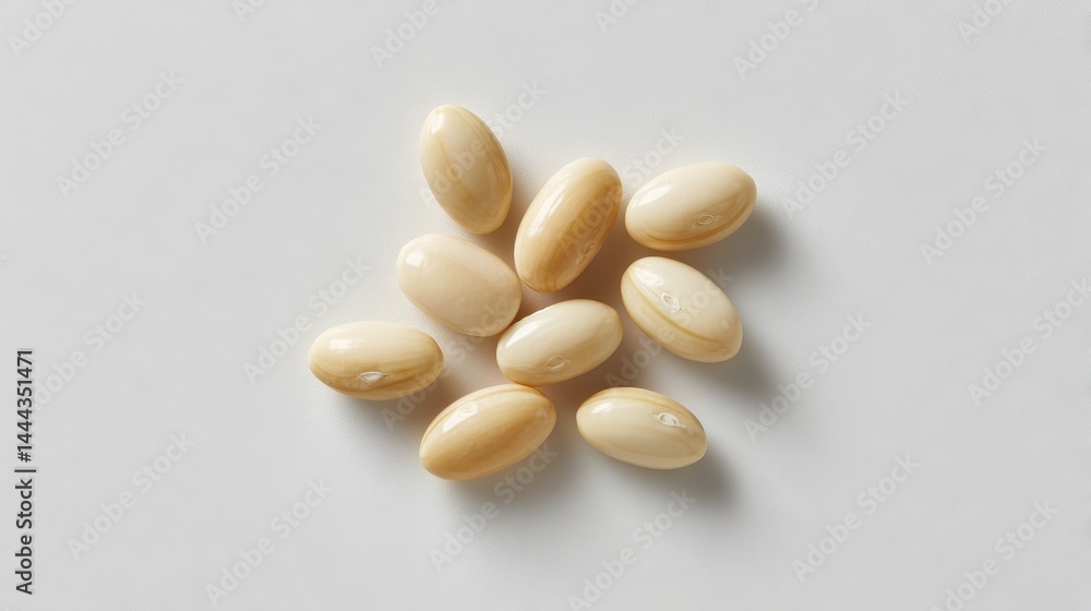 Poster close-up view showcasing a small collection of smooth white navy beans arranged loosely on a bright 