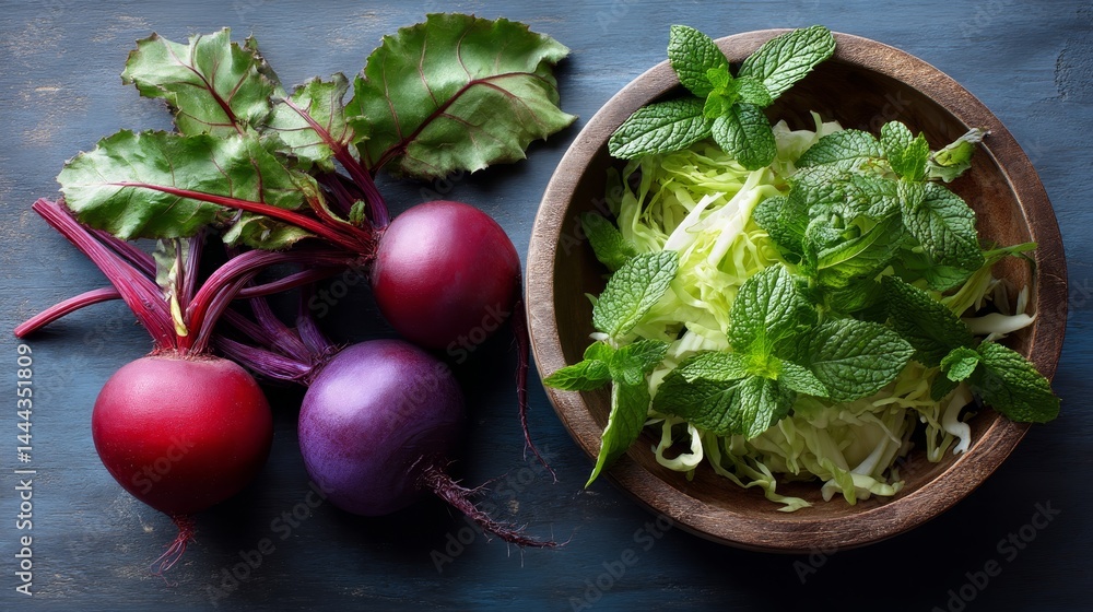 Poster Close-up of colorful ruby beet and cabbage slaw elegantly presented in a handmade wooden bowl, accompanied by fresh mint leaves on a textured dark surface