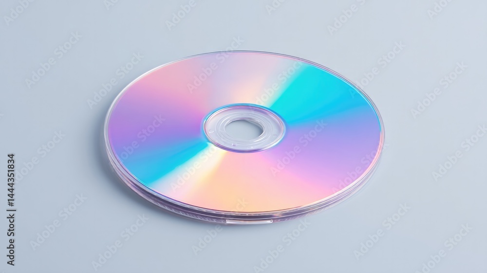 Poster single shiny compact disc against neutral background capturing iridescent spectrum of colors on its 