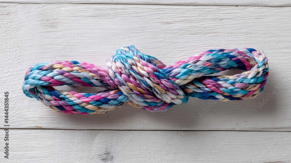 Poster Close-up view of a knot crafted from vibrant multicolored nautical rope resting on a crisp white surface, offering a refreshing burst of color and texture