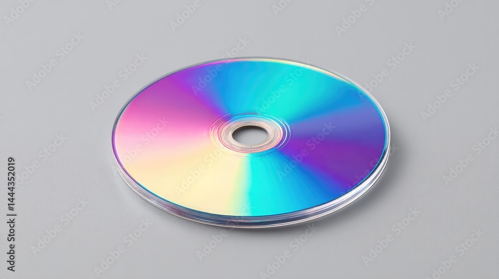 Aufkleber single shiny compact disc against neutral background capturing iridescent spectrum of colors on its 