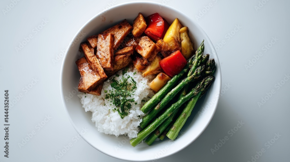 Poster a top-down view displays a modern rice bowl filled with grilled vegetables and tofu slices elegantly