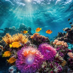 Fototapeta premium Vibrant coral reef underwater scene with fish
