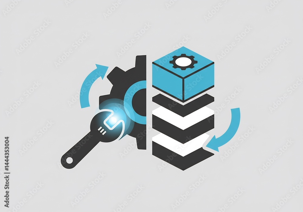 Poster conceptual image of gear mechanism with wrench and layered cube