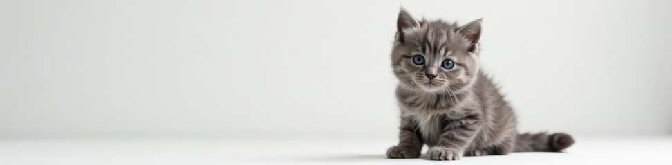 Obraz premium Adorable fluffy grey kitten sitting elegantly on a white surface, kitten, sitting, grey fur