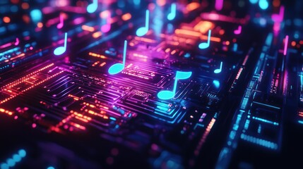 Colorful Circuit Board with Music Notes in Background