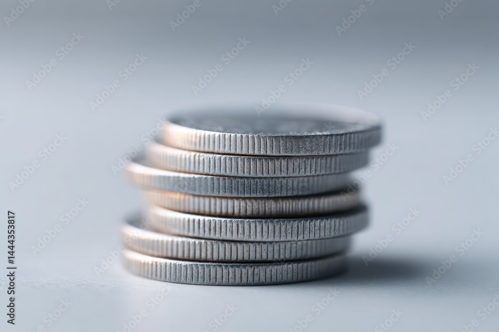 Poster close-up of neatly stacked coins with minimalistic design on clean white background ample copy space