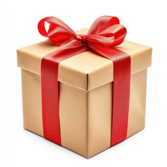 Obraz premium A light beige gift box, beautifully wrapped with a red ribbon and bow