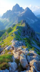 Travel poster, majestic mountain range, clean backdrop, soft pastel hues