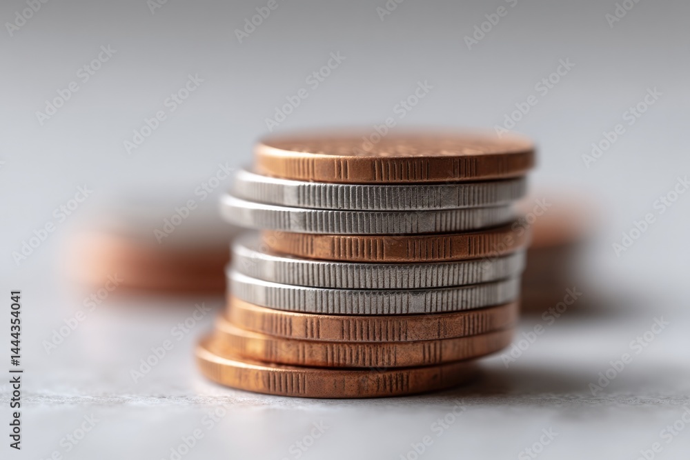 Poster close-up of neatly stacked coins with minimalistic design on clean white background ample copy space