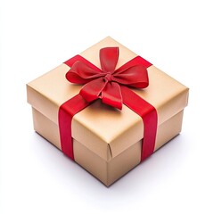 Fototapeta premium Square gift box with red ribbon and bow Gold wrapping paper, simple design, perfect for a present
