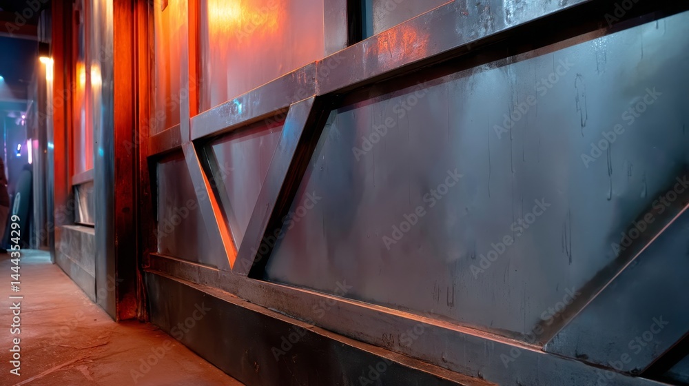Leinwandbilder textured metallic wall features angular shapes illuminated by soft amber light, creating an industri